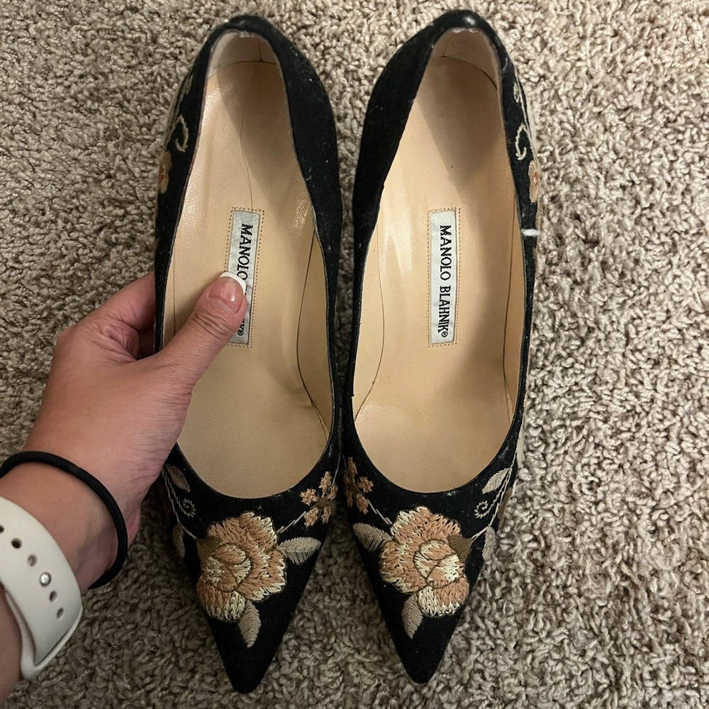 Manolo Blahnik Black and Gold Embroidered Heels
